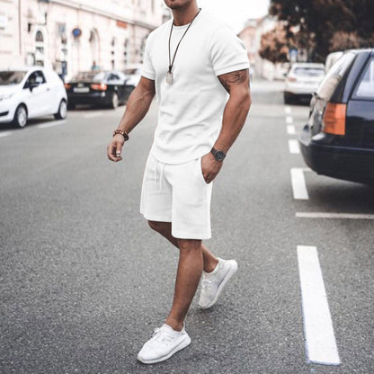 Men's Summer Short Sleeve Shorts Set Casual Sportswear Polyester Cotton Blend T-Shirt Bottoms Fashionable Urban Wear