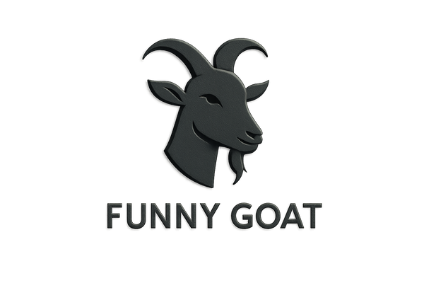 Diseña un logotipo minimalista de una cabeza de cabra estilizada, con cuernos curvados prominentes, orejas puntiagudas y una pequeña barba. El diseño debe ser en silueta oscura sobre fondo claro, con un estilo moderno, limpio y profesional. Debajo de la cabeza de la cabra, incluye el texto ‘FUNNY GOAT’ en mayúsculas, con una tipografía elegante y clara. El logo debe transmitir identidad visual fuerte, ideal para branding de alto impacto. Añade le un efecto 3D